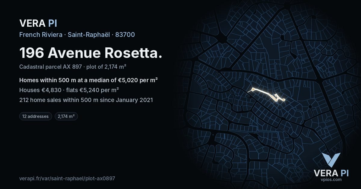 196 Avenue Rosetta, Saint-Raphaël at night – the plot lit, the parcels around coloured by the prices near them