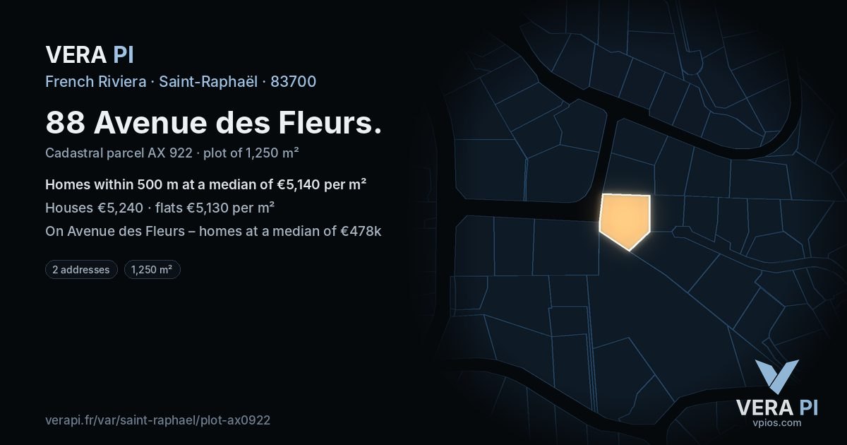 88 Avenue des Fleurs, Saint-Raphaël at night – the plot lit, the parcels around coloured by the prices near them