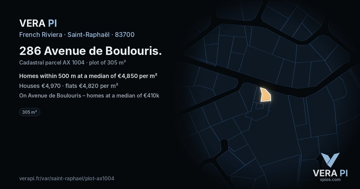 286 Avenue de Boulouris, Saint-Raphaël at night – the plot lit, the parcels around coloured by the prices near them