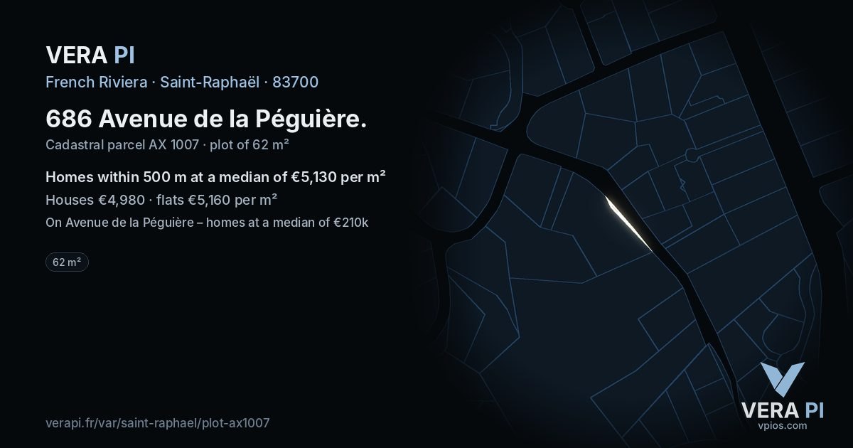 686 Avenue de la Péguière, Saint-Raphaël at night – the plot lit, the parcels around coloured by the prices near them