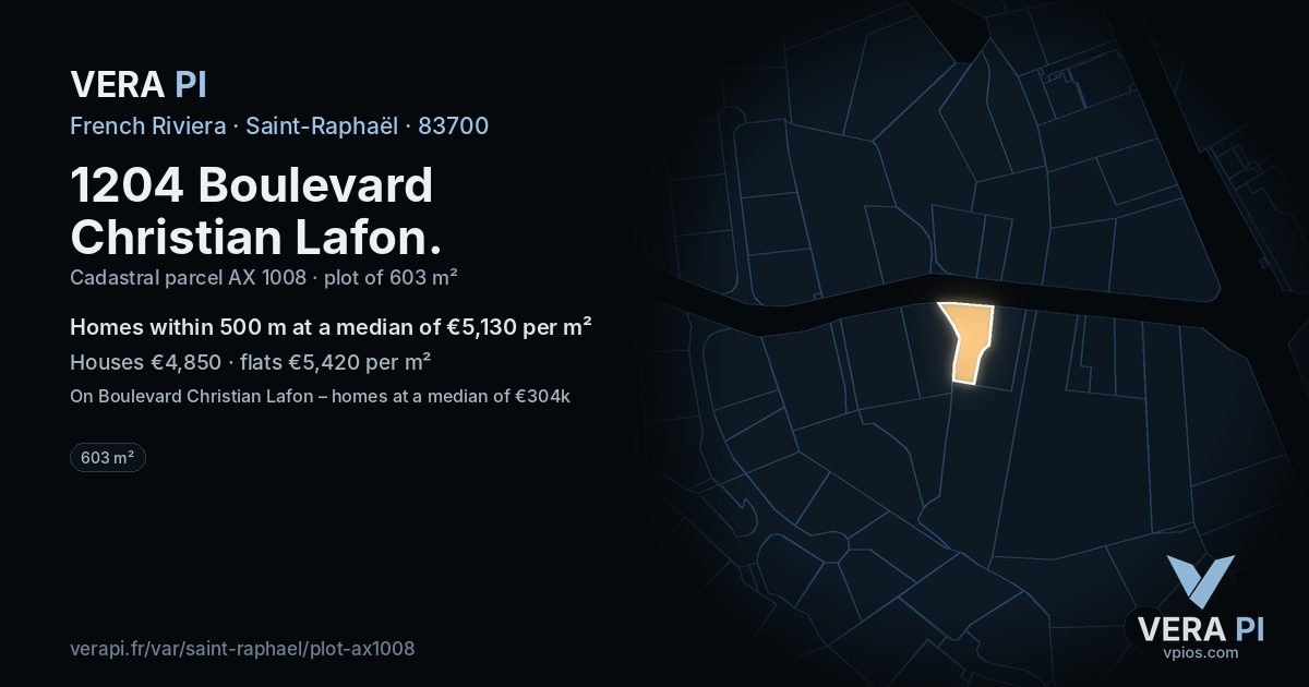 1204 Boulevard Christian Lafon, Saint-Raphaël at night – the plot lit, the parcels around coloured by the prices near them