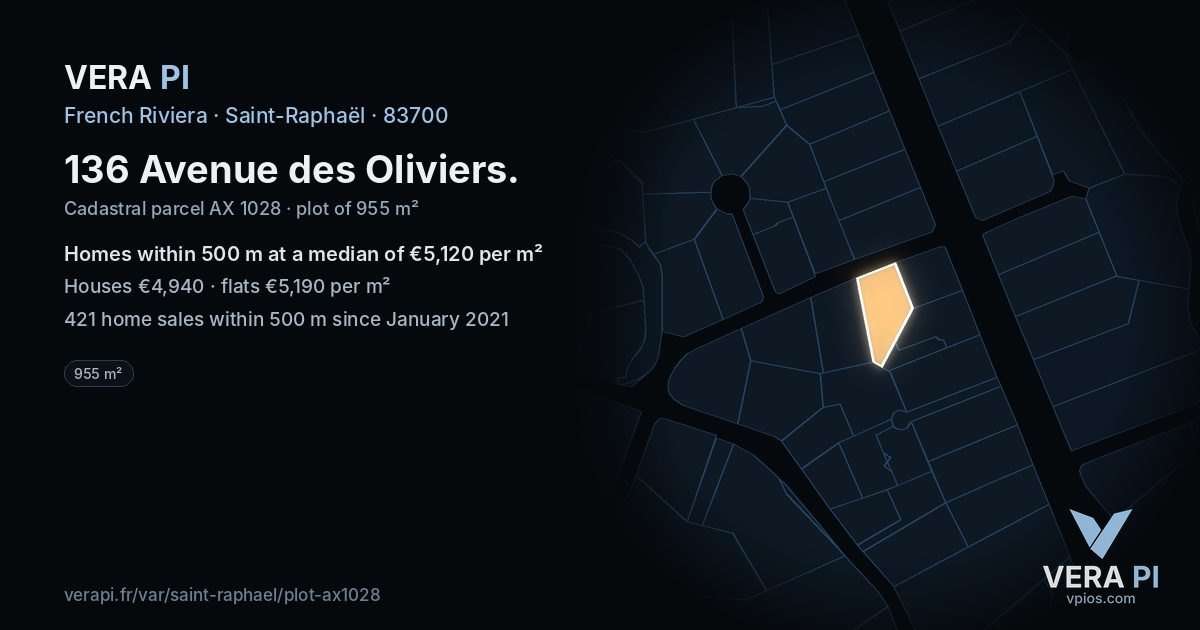 136 Avenue des Oliviers, Saint-Raphaël at night – the plot lit, the parcels around coloured by the prices near them