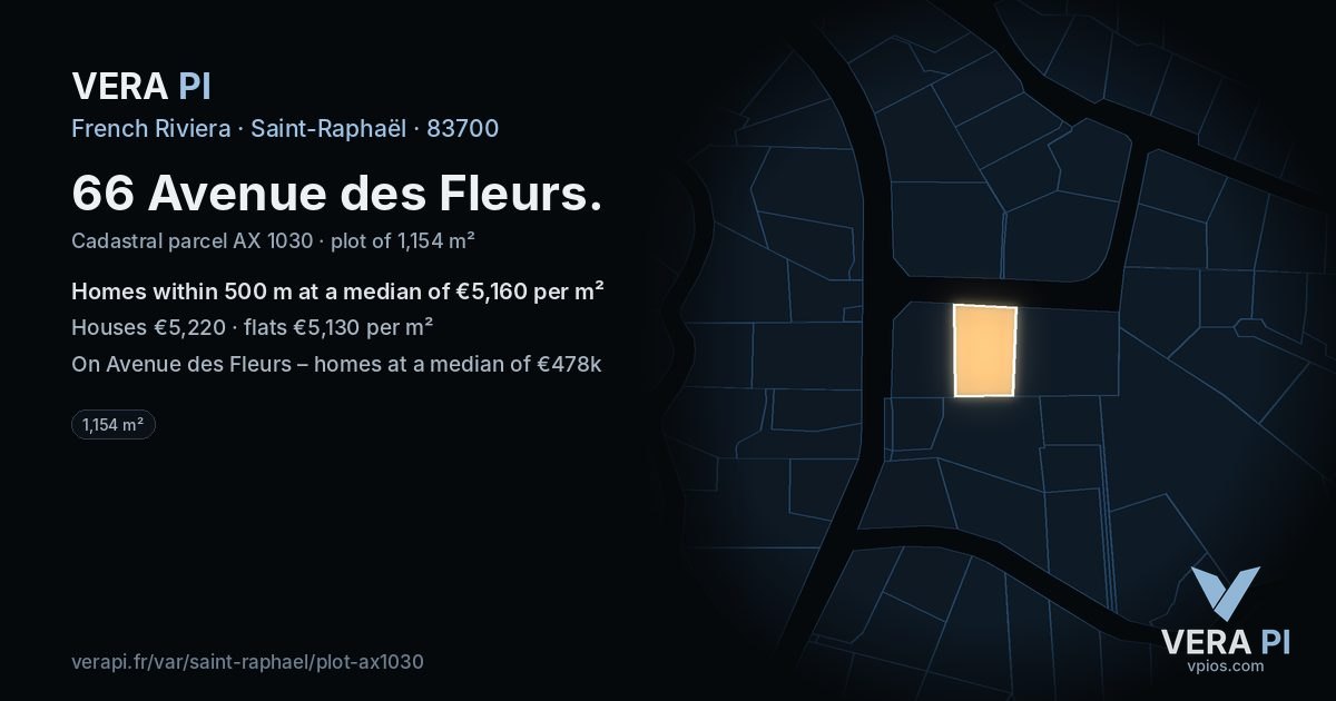 66 Avenue des Fleurs, Saint-Raphaël at night – the plot lit, the parcels around coloured by the prices near them