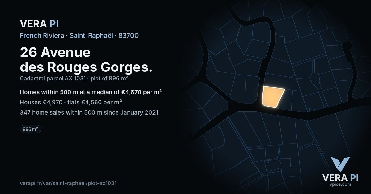 26 Avenue des Rouges Gorges, Saint-Raphaël at night – the plot lit, the parcels around coloured by the prices near them