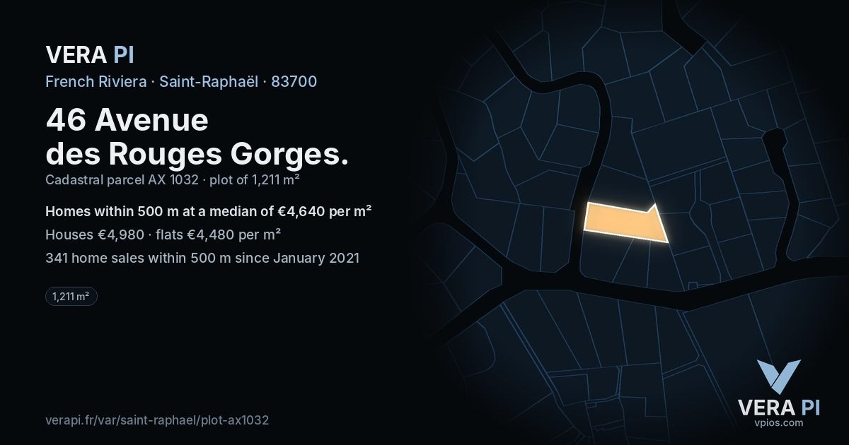 46 Avenue des Rouges Gorges, Saint-Raphaël at night – the plot lit, the parcels around coloured by the prices near them