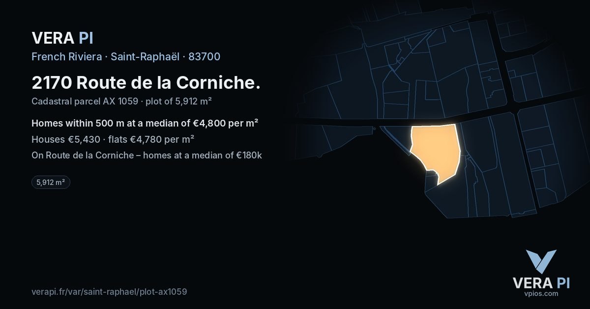 2170 Route de la Corniche, Saint-Raphaël at night – the plot lit, the parcels around coloured by the prices near them