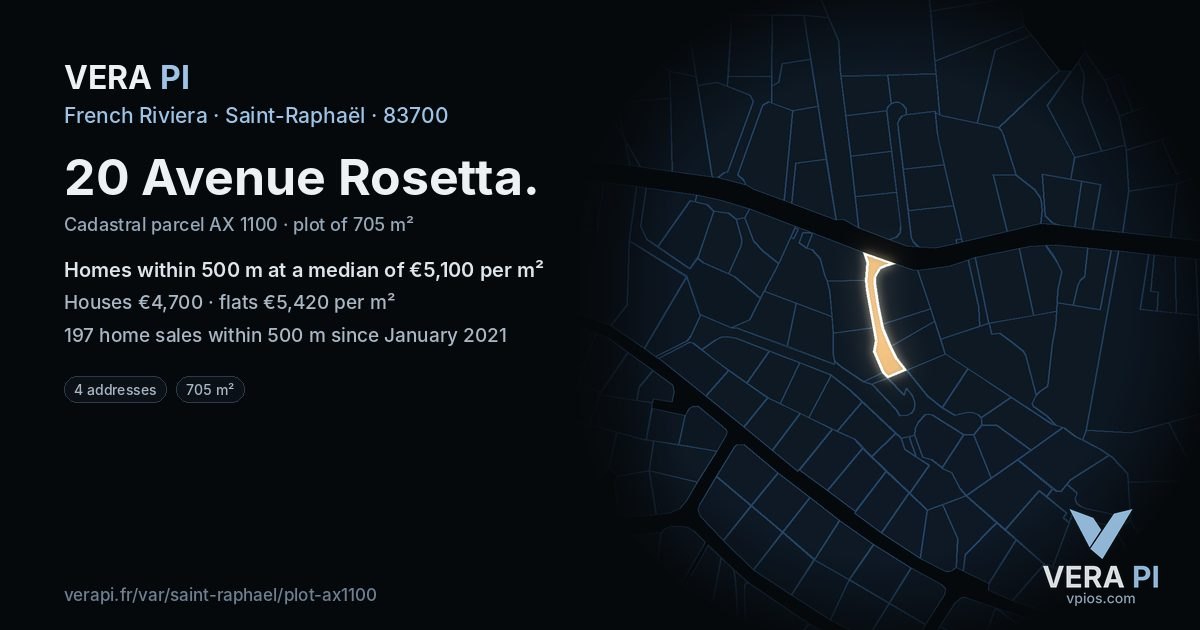 20 Avenue Rosetta, Saint-Raphaël at night – the plot lit, the parcels around coloured by the prices near them
