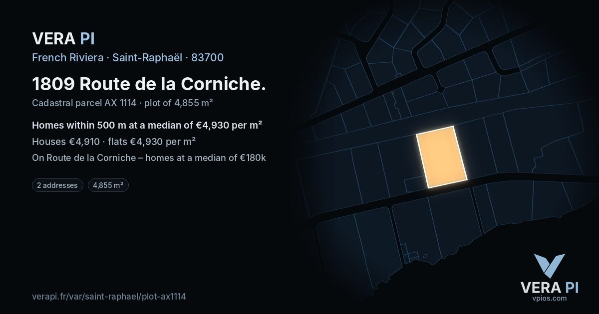 1809 Route de la Corniche, Saint-Raphaël at night – the plot lit, the parcels around coloured by the prices near them