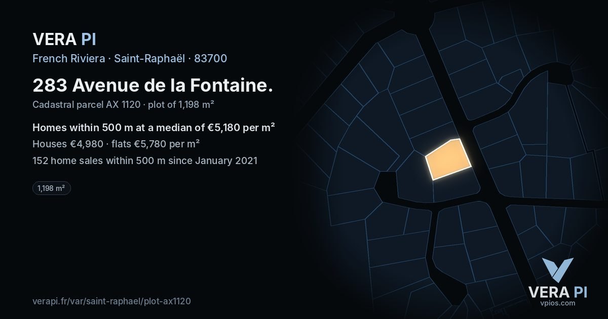 283 Avenue de la Fontaine, Saint-Raphaël at night – the plot lit, the parcels around coloured by the prices near them