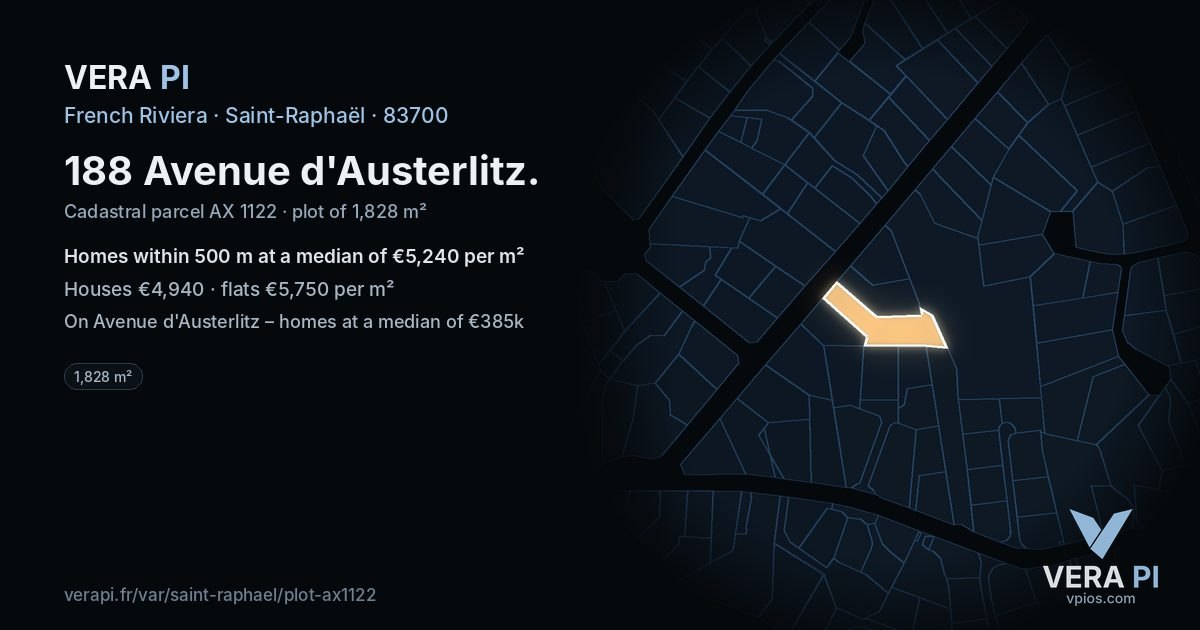 188 Avenue d'Austerlitz, Saint-Raphaël at night – the plot lit, the parcels around coloured by the prices near them
