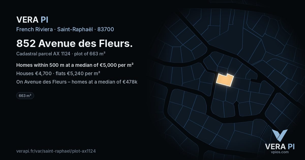 852 Avenue des Fleurs, Saint-Raphaël at night – the plot lit, the parcels around coloured by the prices near them