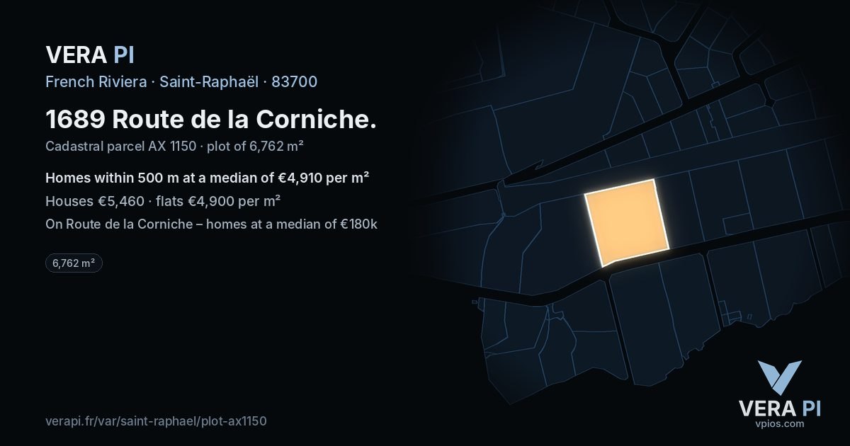 1689 Route de la Corniche, Saint-Raphaël at night – the plot lit, the parcels around coloured by the prices near them