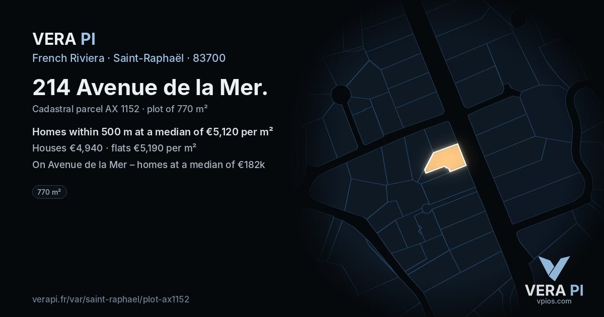 214 Avenue de la Mer, Saint-Raphaël at night – the plot lit, the parcels around coloured by the prices near them