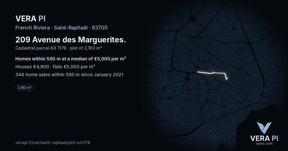 209 Avenue des Marguerites, Saint-Raphaël at night – the plot lit, the parcels around coloured by the prices near them