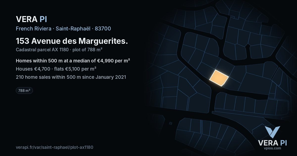 153 Avenue des Marguerites, Saint-Raphaël at night – the plot lit, the parcels around coloured by the prices near them