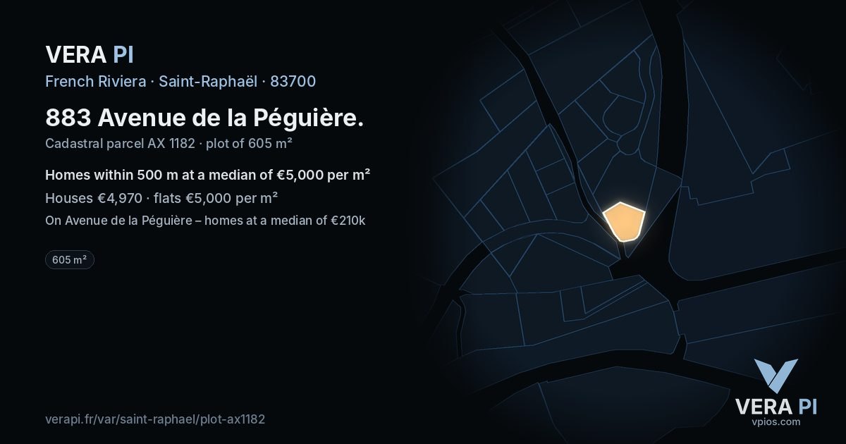 883 Avenue de la Péguière, Saint-Raphaël at night – the plot lit, the parcels around coloured by the prices near them