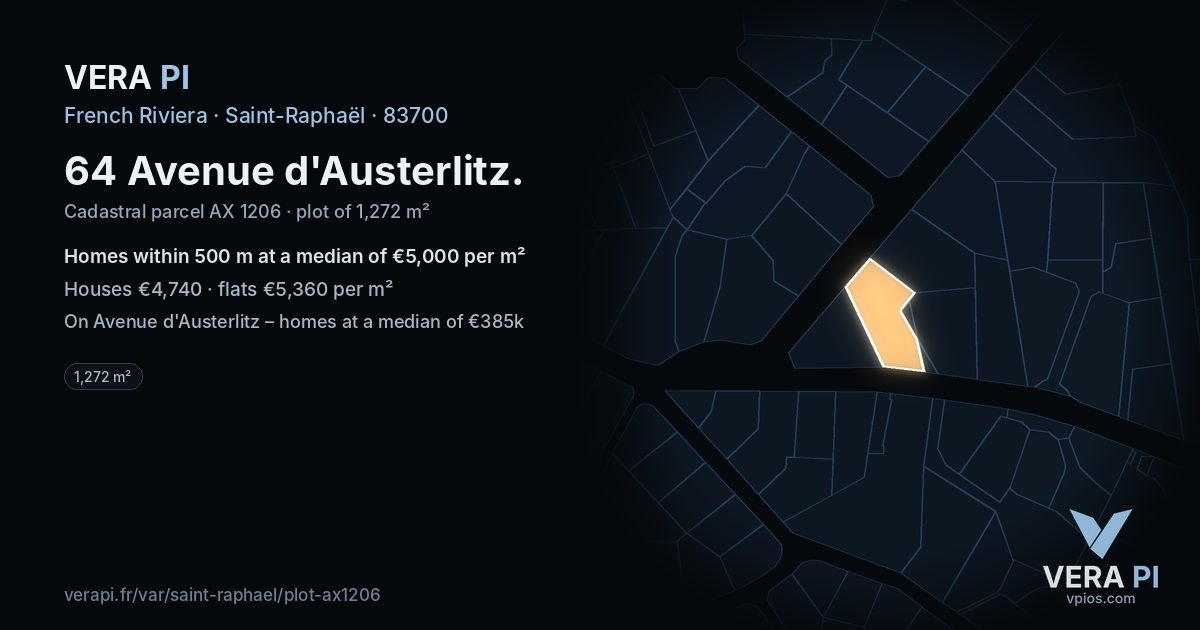 64 Avenue d'Austerlitz, Saint-Raphaël at night – the plot lit, the parcels around coloured by the prices near them