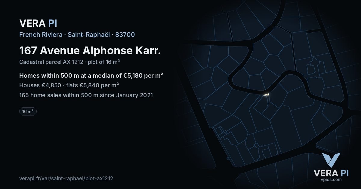 167 Avenue Alphonse Karr, Saint-Raphaël at night – the plot lit, the parcels around coloured by the prices near them