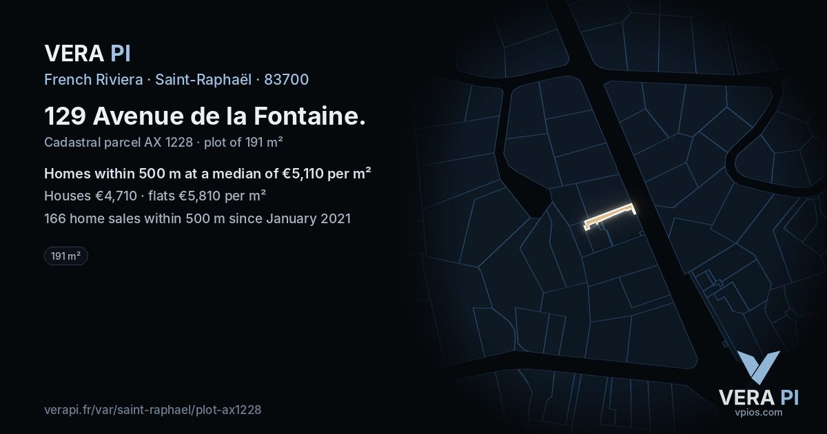 129 Avenue de la Fontaine, Saint-Raphaël at night – the plot lit, the parcels around coloured by the prices near them
