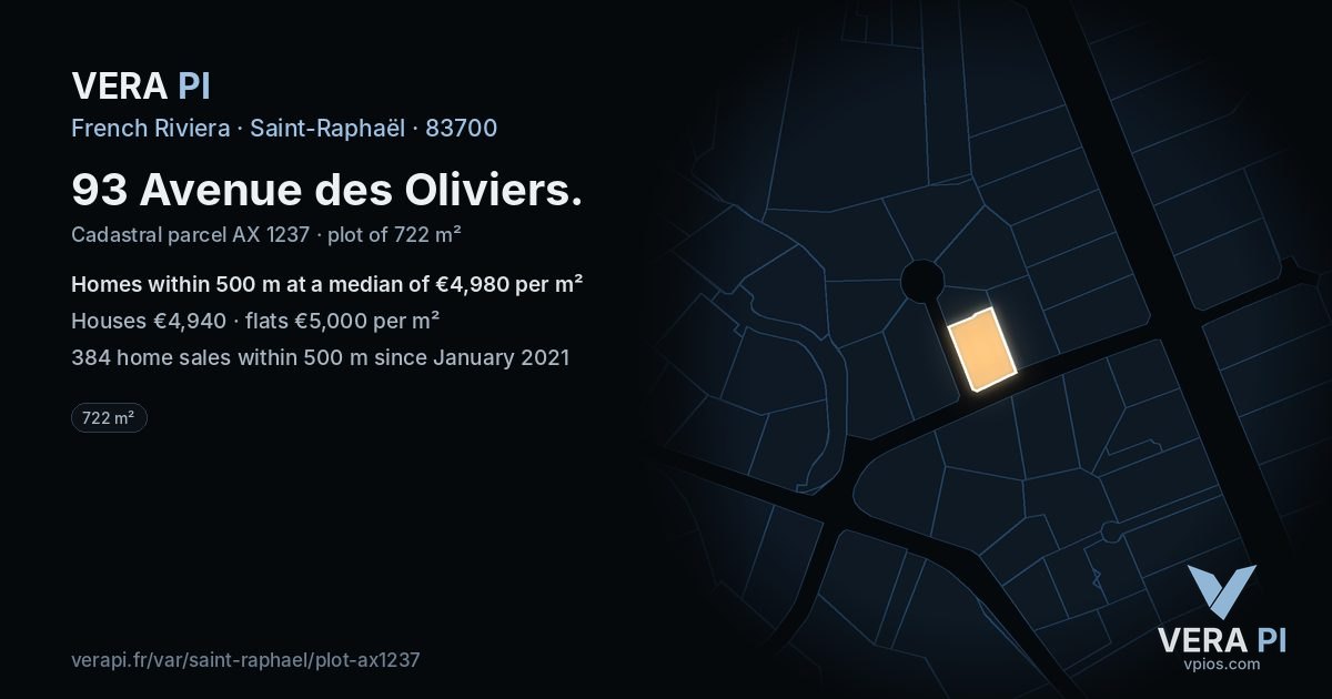 93 Avenue des Oliviers, Saint-Raphaël at night – the plot lit, the parcels around coloured by the prices near them