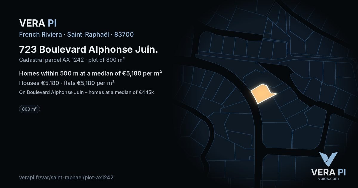 723 Boulevard Alphonse Juin, Saint-Raphaël at night – the plot lit, the parcels around coloured by the prices near them