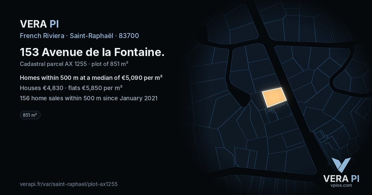 153 Avenue de la Fontaine, Saint-Raphaël at night – the plot lit, the parcels around coloured by the prices near them