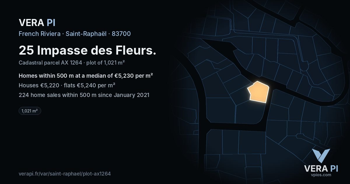 25 Impasse des Fleurs, Saint-Raphaël at night – the plot lit, the parcels around coloured by the prices near them