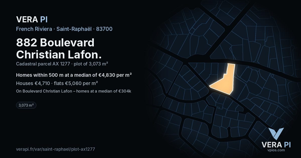 882 Boulevard Christian Lafon, Saint-Raphaël at night – the plot lit, the parcels around coloured by the prices near them