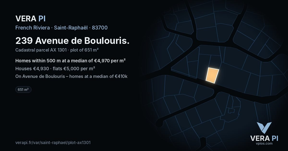 239 Avenue de Boulouris, Saint-Raphaël at night – the plot lit, the parcels around coloured by the prices near them