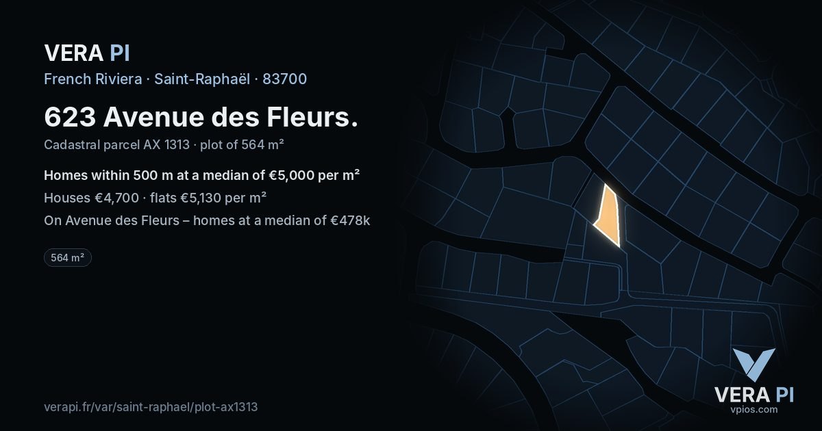 623 Avenue des Fleurs, Saint-Raphaël at night – the plot lit, the parcels around coloured by the prices near them