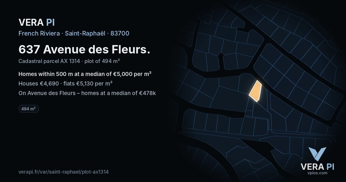637 Avenue des Fleurs, Saint-Raphaël at night – the plot lit, the parcels around coloured by the prices near them