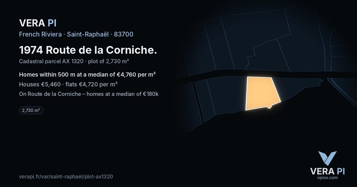 1974 Route de la Corniche, Saint-Raphaël at night – the plot lit, the parcels around coloured by the prices near them