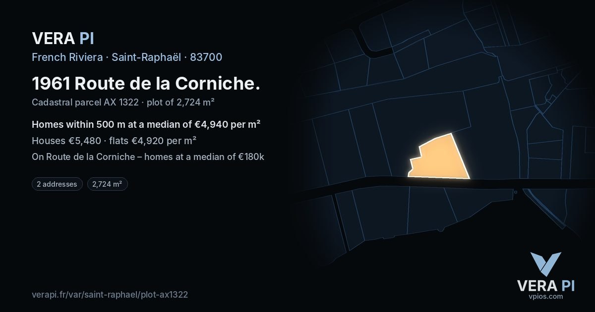 1961 Route de la Corniche, Saint-Raphaël at night – the plot lit, the parcels around coloured by the prices near them