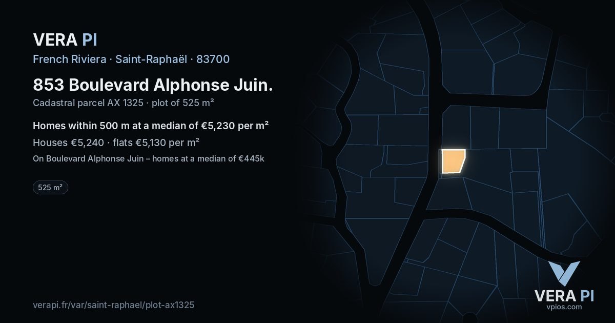 853 Boulevard Alphonse Juin, Saint-Raphaël at night – the plot lit, the parcels around coloured by the prices near them