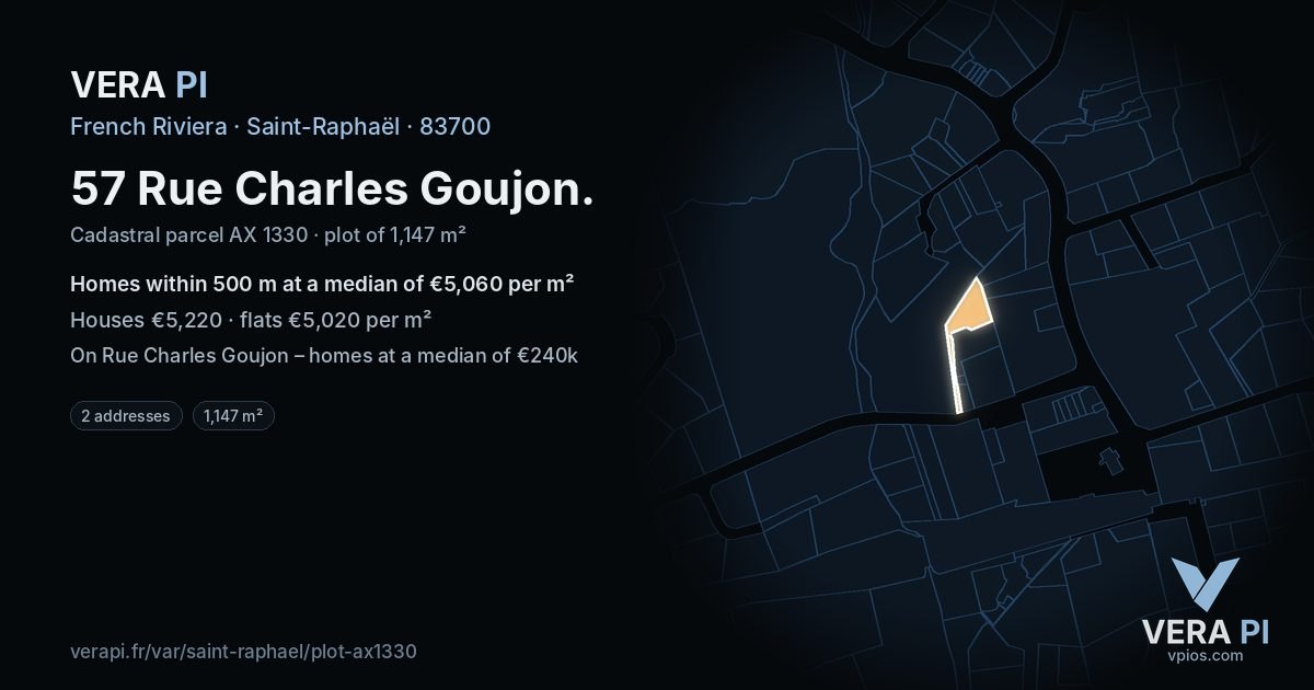 57 Rue Charles Goujon, Saint-Raphaël at night – the plot lit, the parcels around coloured by the prices near them
