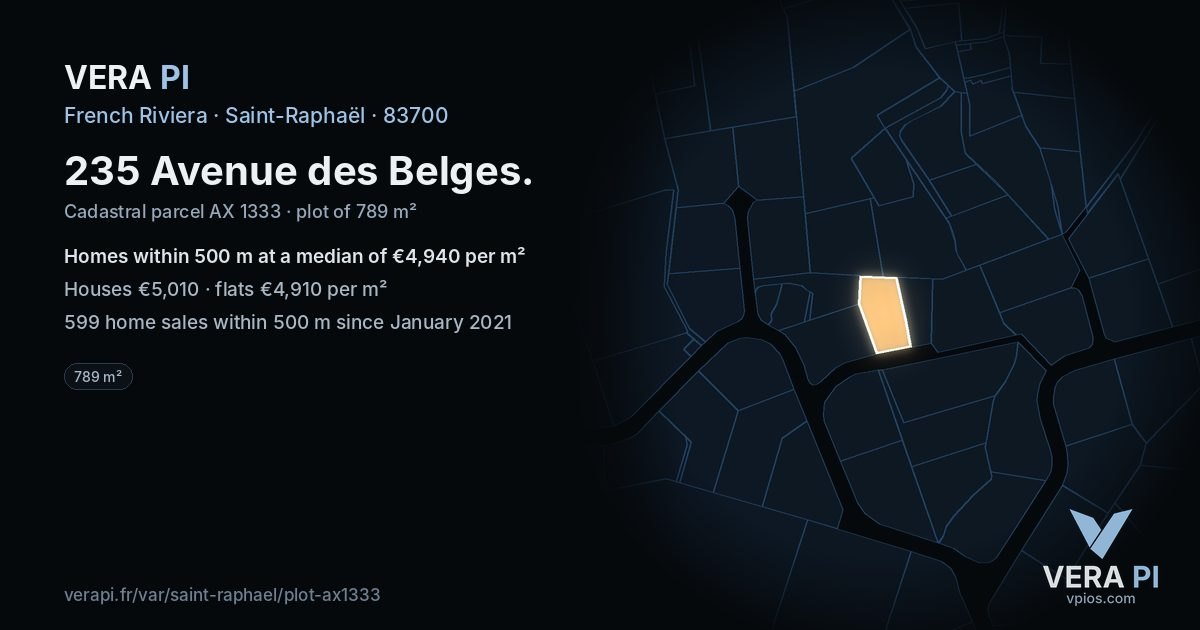 235 Avenue des Belges, Saint-Raphaël at night – the plot lit, the parcels around coloured by the prices near them