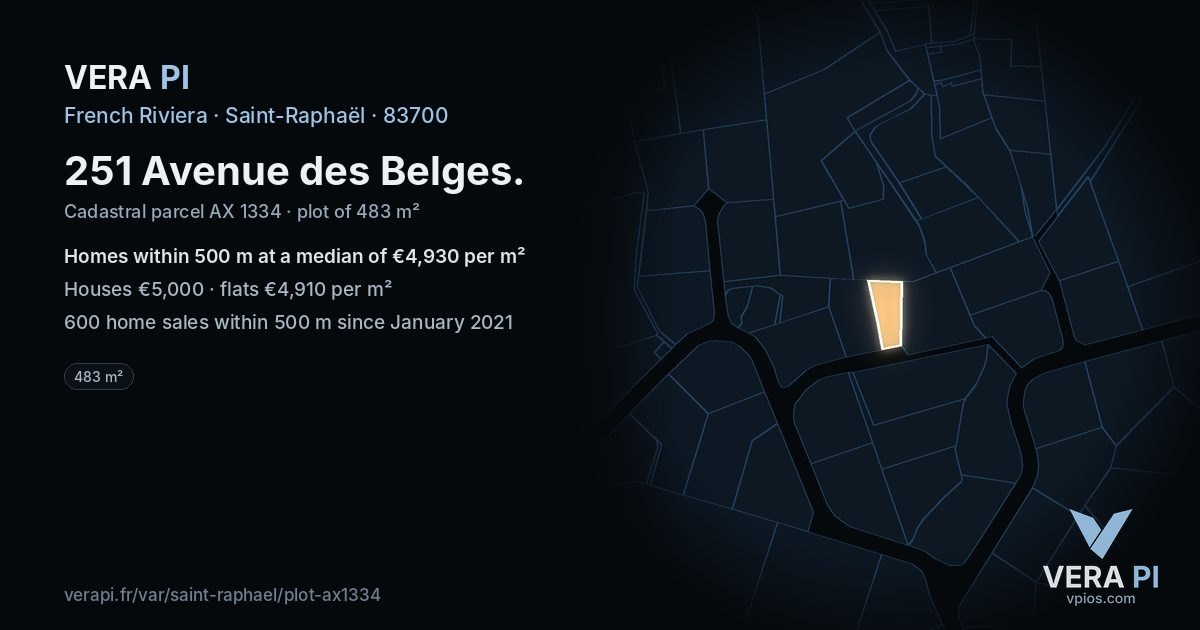 251 Avenue des Belges, Saint-Raphaël at night – the plot lit, the parcels around coloured by the prices near them