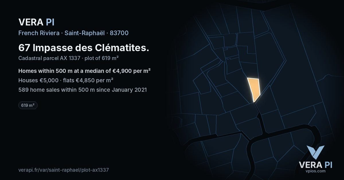 67 Impasse des Clématites, Saint-Raphaël at night – the plot lit, the parcels around coloured by the prices near them