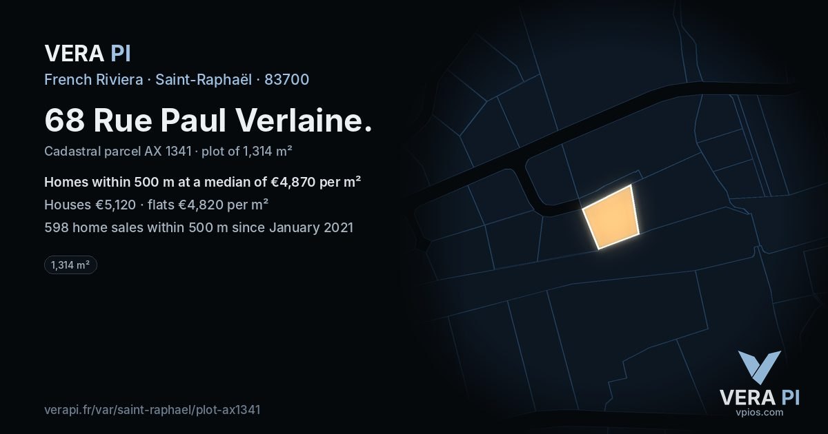 68 Rue Paul Verlaine, Saint-Raphaël at night – the plot lit, the parcels around coloured by the prices near them