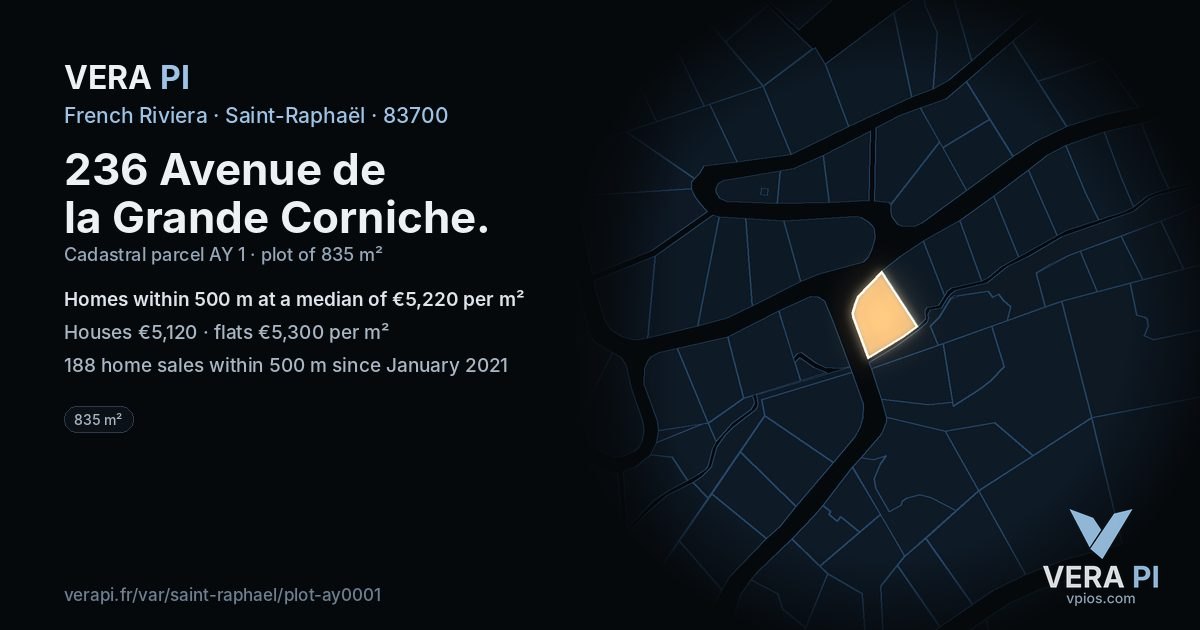236 Avenue de la Grande Corniche, Saint-Raphaël at night – the plot lit, the parcels around coloured by the prices near them