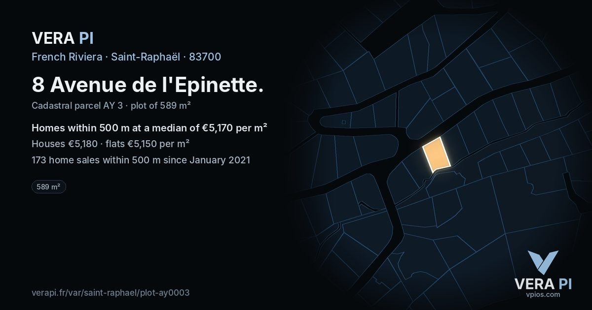 8 Avenue de l'Epinette, Saint-Raphaël at night – the plot lit, the parcels around coloured by the prices near them