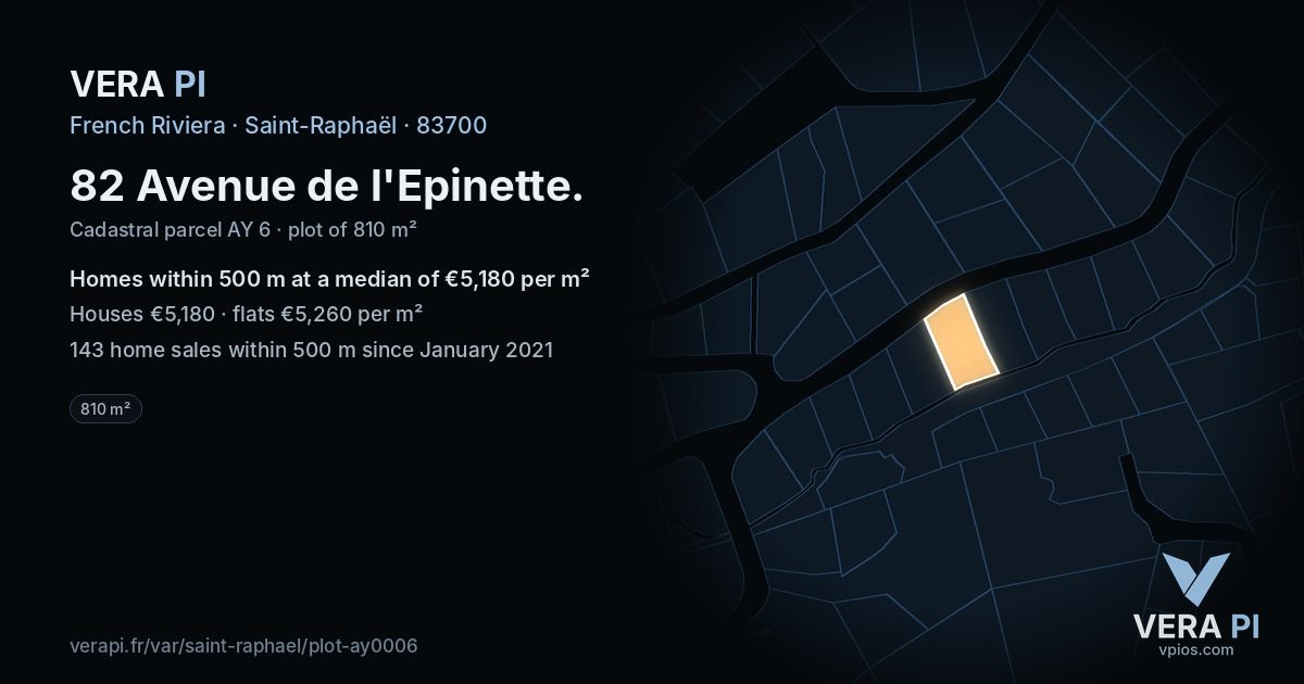82 Avenue de l'Epinette, Saint-Raphaël at night – the plot lit, the parcels around coloured by the prices near them