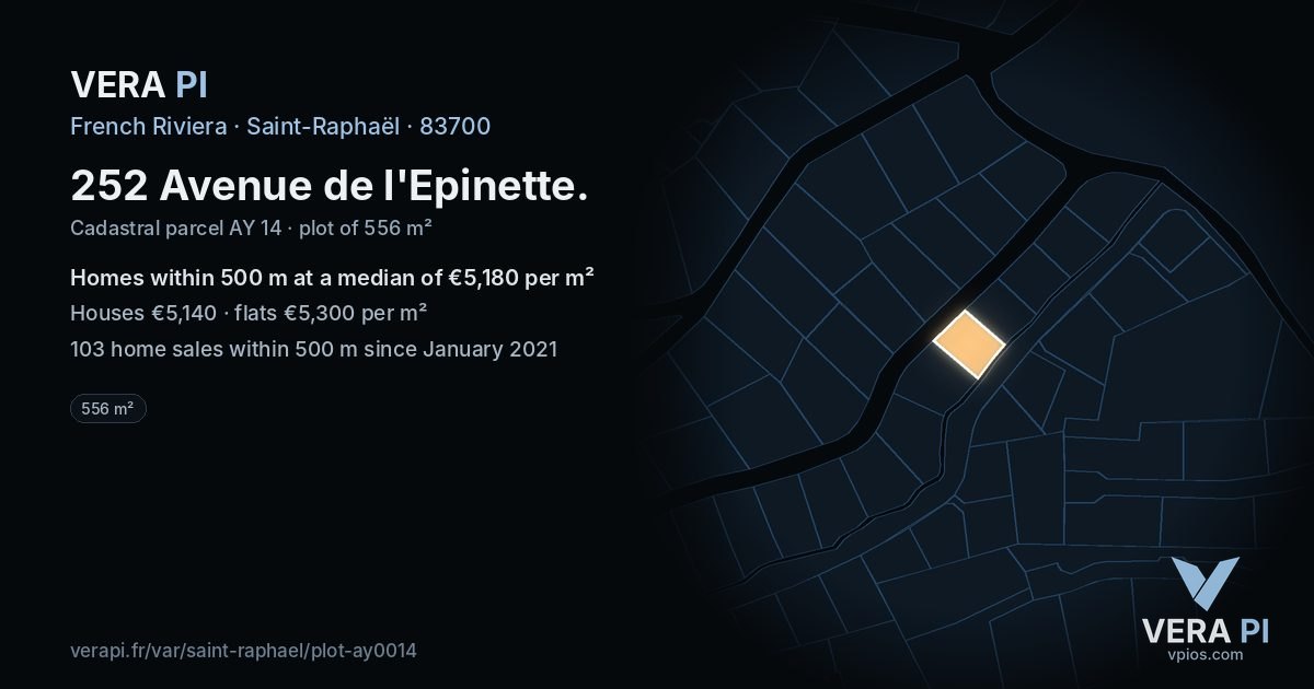 252 Avenue de l'Epinette, Saint-Raphaël at night – the plot lit, the parcels around coloured by the prices near them