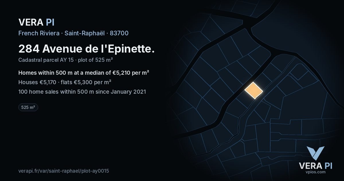 284 Avenue de l'Epinette, Saint-Raphaël at night – the plot lit, the parcels around coloured by the prices near them