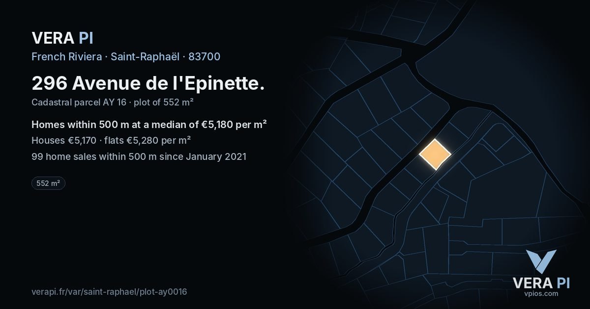 296 Avenue de l'Epinette, Saint-Raphaël at night – the plot lit, the parcels around coloured by the prices near them
