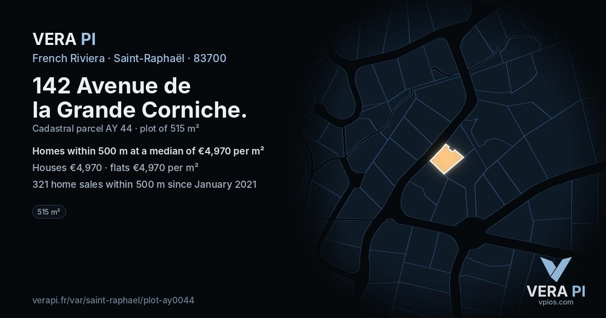 142 Avenue de la Grande Corniche, Saint-Raphaël at night – the plot lit, the parcels around coloured by the prices near them