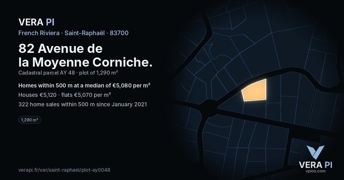 82 Avenue de la Moyenne Corniche, Saint-Raphaël at night – the plot lit, the parcels around coloured by the prices near them