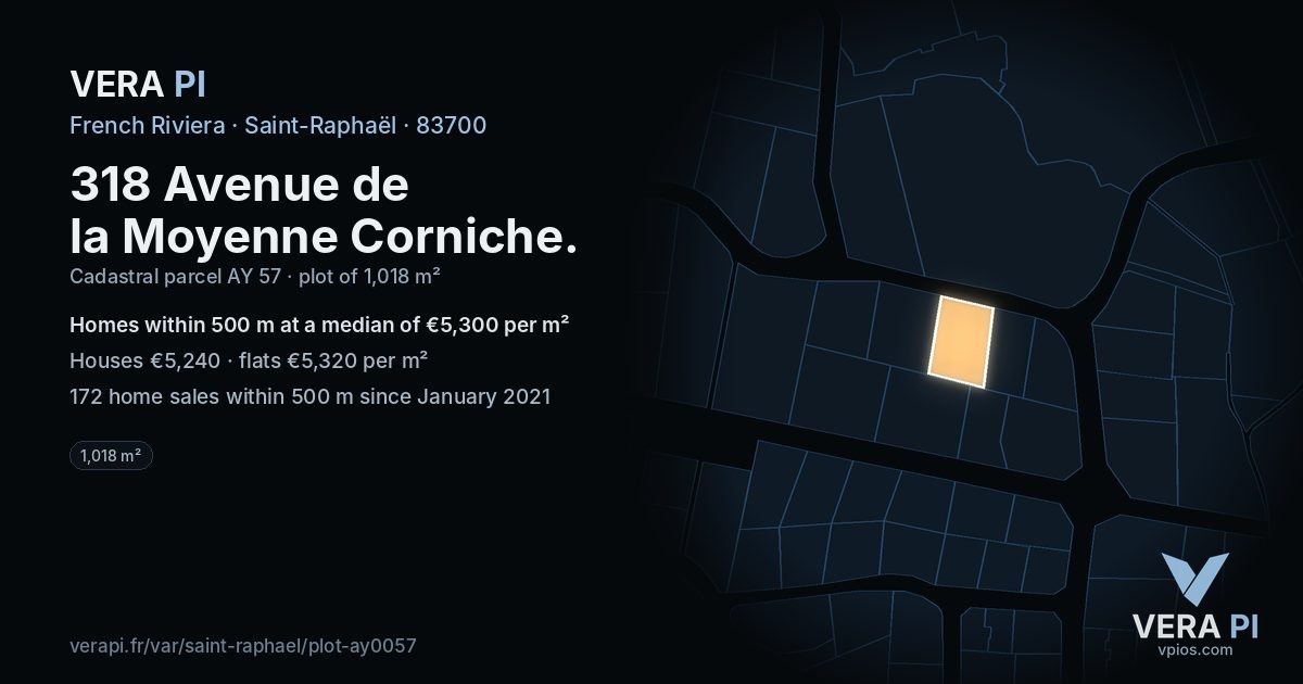 318 Avenue de la Moyenne Corniche, Saint-Raphaël at night – the plot lit, the parcels around coloured by the prices near them