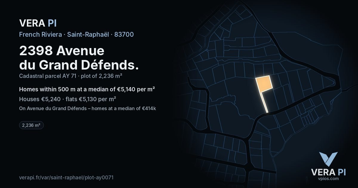 2398 Avenue du Grand Défends, Saint-Raphaël at night – the plot lit, the parcels around coloured by the prices near them