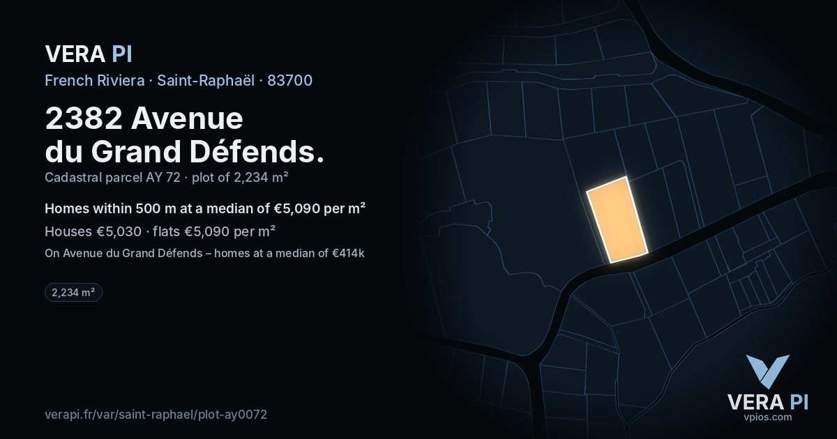 2382 Avenue du Grand Défends, Saint-Raphaël at night – the plot lit, the parcels around coloured by the prices near them